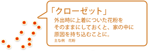 【クローゼット】外出時に上着についた花粉をそのままにしておくと、家の中に原因を持ち込むことに。（主な例　花粉）