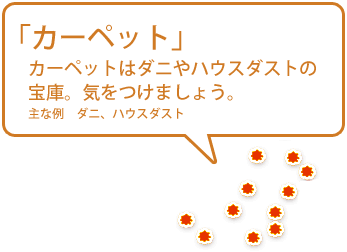 【カーペット】カーペットはダニやハウスダストの宝庫。気をつけましょう。（主な例　ダニ、ハウスダスト）