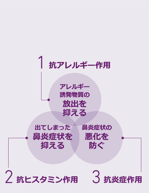 1.抗アレルギー作用 アレルギー誘発物質の放出を抑える 2.抗ヒスタミン作用 出てしまった鼻炎症状を抑える 3.抗炎症作用 鼻炎症状の悪化を防ぐ
